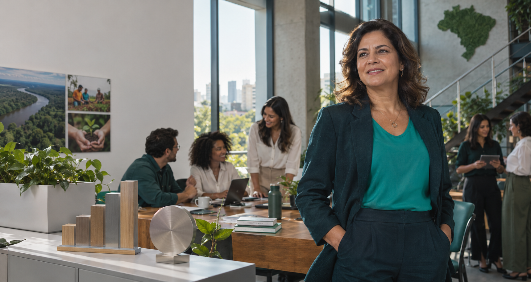 Mulher de meia-idade, vestindo roupas em tons de verde, sorri em primeiro plano dentro de um escritório moderno. Ao fundo, profissionais conversam ao redor de uma mesa. O ambiente tem plantas, imagens relacionadas à natureza, um mapa do Brasil feito de vegetação e troféus sobre um móvel.
