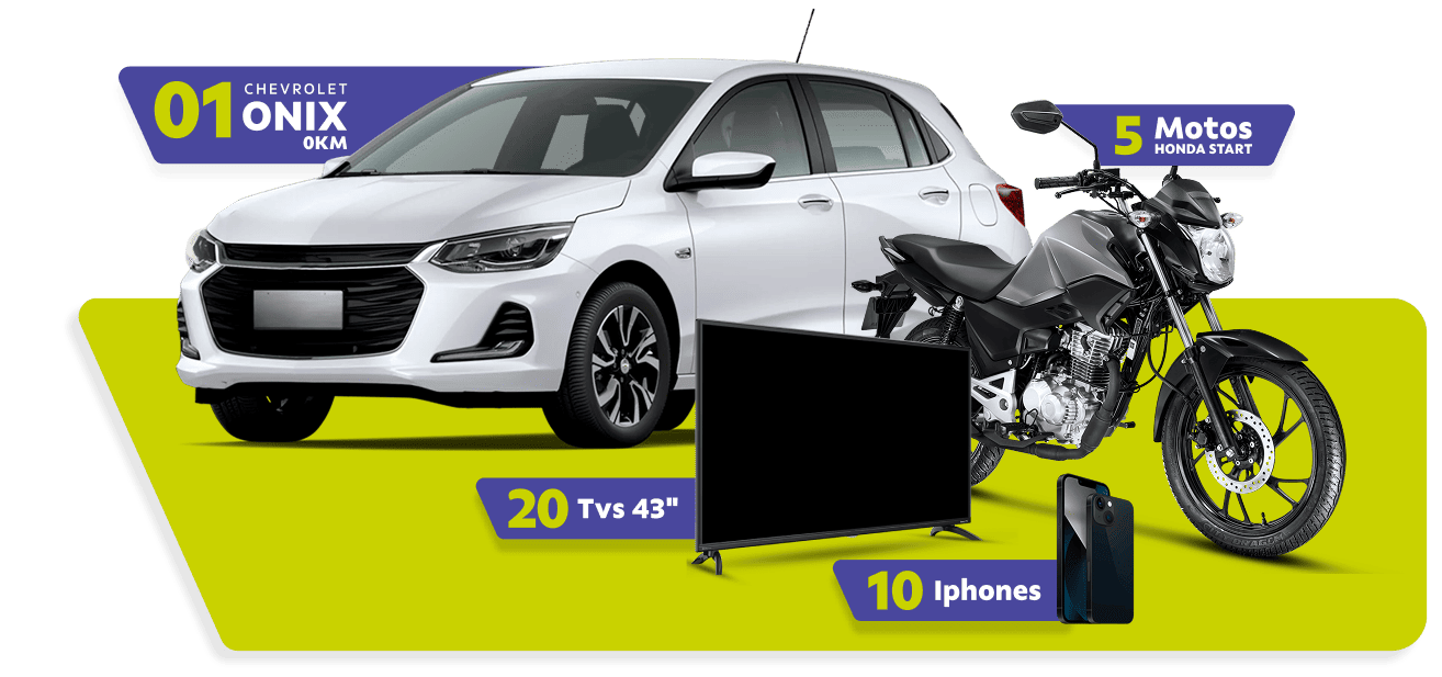 1 Chevrolet Onix 0km, 5 motos Honda CG Start, 20 TVs 43 polegadas, 10 Iphones 16