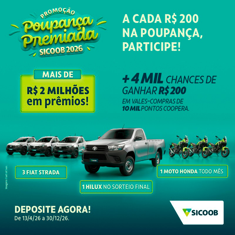 Cartaz com os prêmios da promoção Poupança Premiada Sicoob 2026