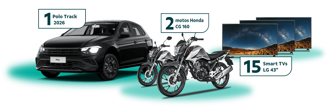 1 polo track 2026, 2 motos honda cg 160, 15 smart tvs lg 43