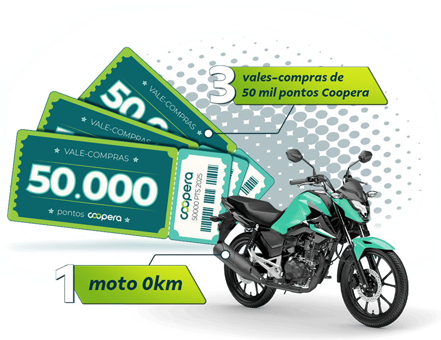 3 vales-compras de 50 mil pontos Coopera e 1 moto 0km