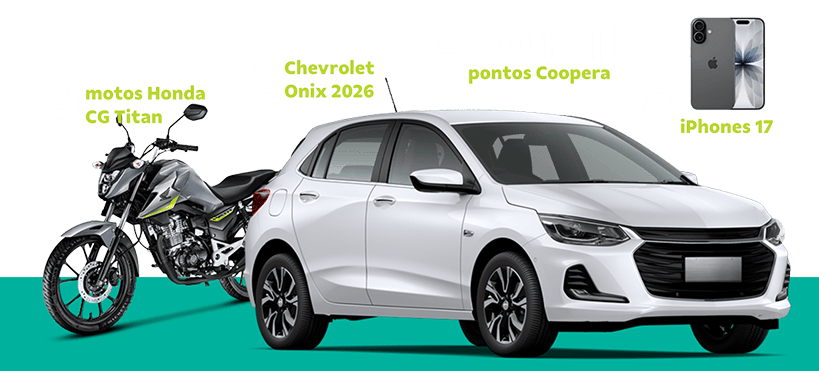 imagens dos prêmios, 9 motos honda cg titan, 1 chevrolet onix 2026, 900 mil pontos Coopera e 9 Iphones 17
