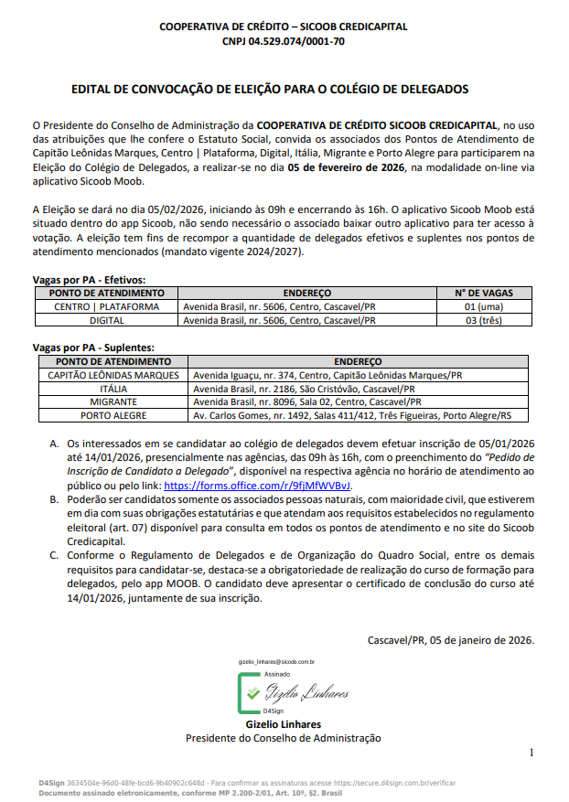 Edital de Convocação para Eleição de Delegados - Vagas Remanescentes 2026