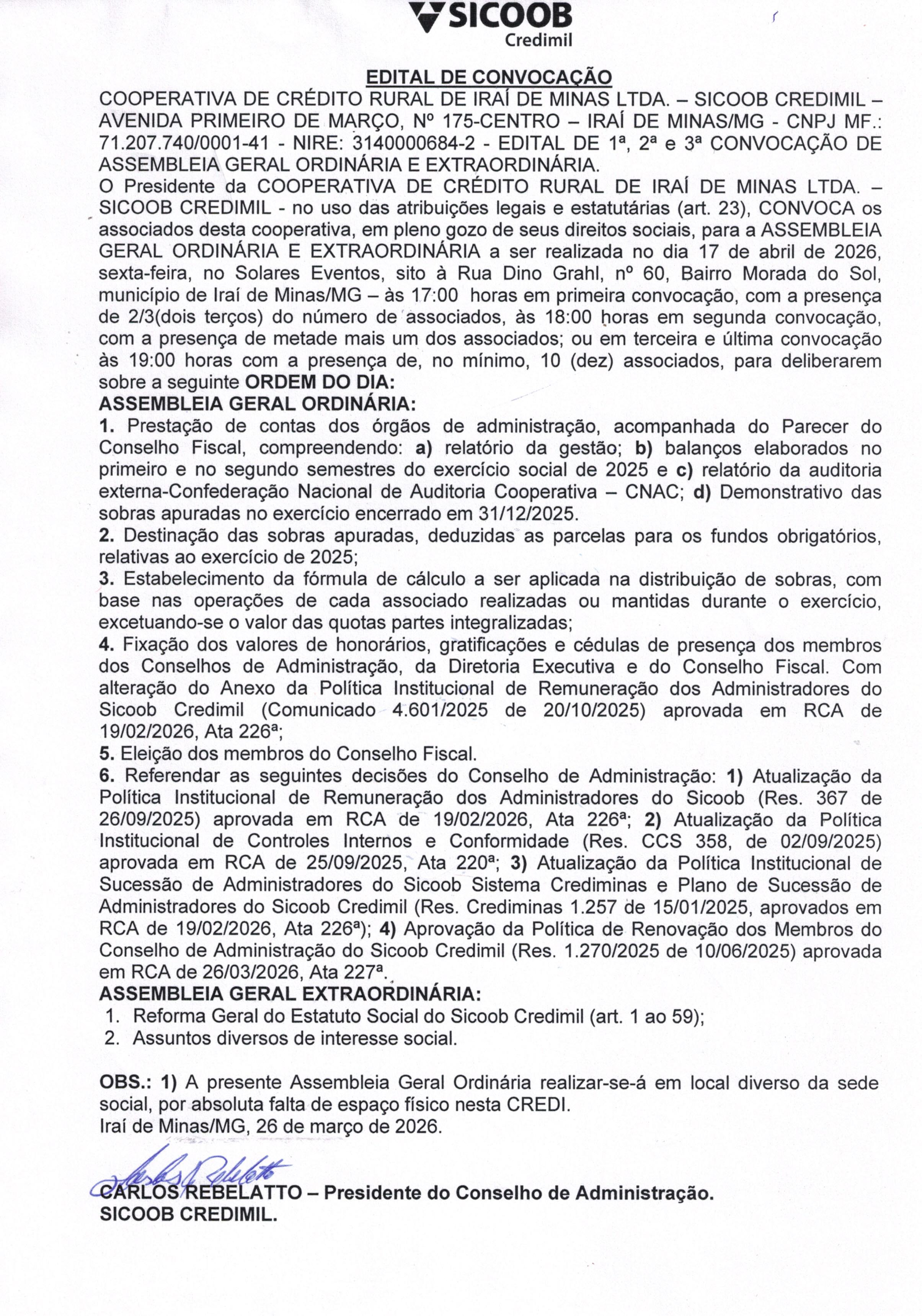 Edital da Assembleia 2026