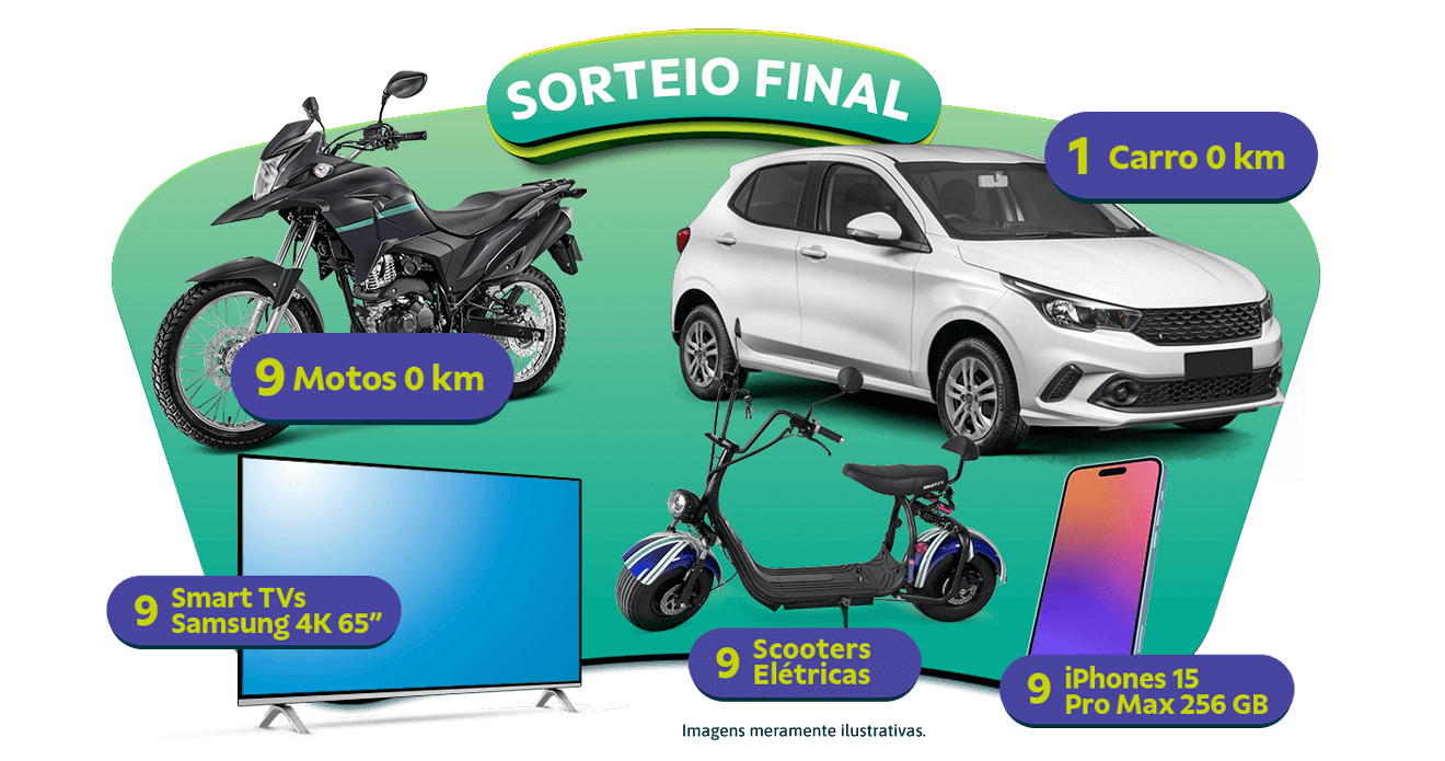 Sorteio Final: 2 Carros, 9 motos, 9 smart TVs 65 polegadas, 9 scooters elétricas, 9 Iphones 15 Pro Max 256gb