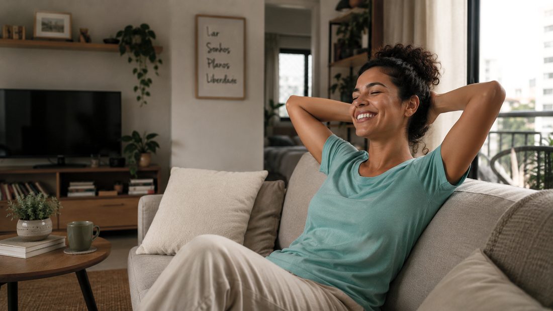 Mulher relaxando no sofá da sala de sua casa nova