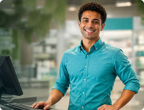 Atendente do Sicoob sorrindo, pronto para ajudar na renegociação de dívidas