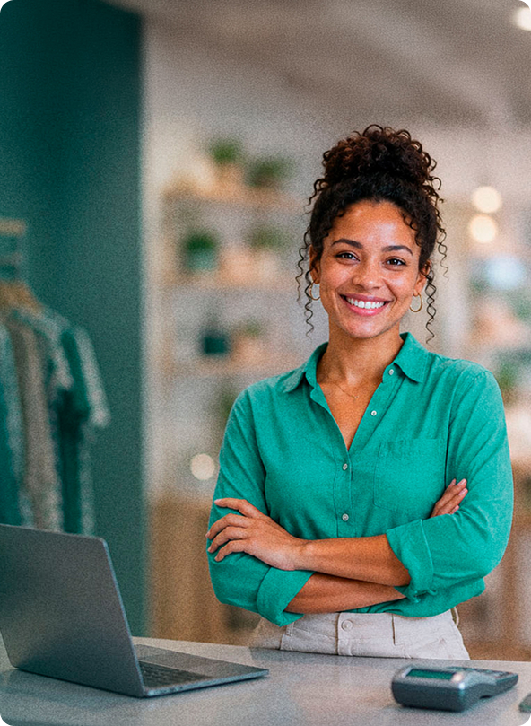 Empreendedora sorrindo de braços cruzados, representando microempresas atendidas pelo Pronampe