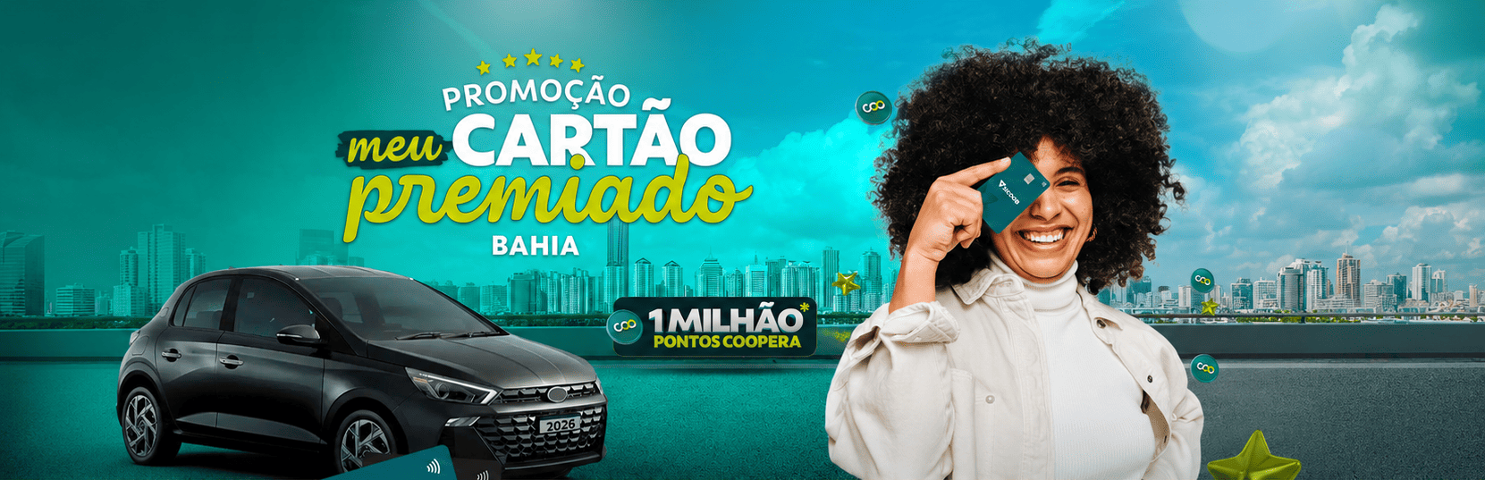 Promoção Sicoobcard Premiado Bahia. Mais de 1 milhão de pontos coopera e um carro 0km.