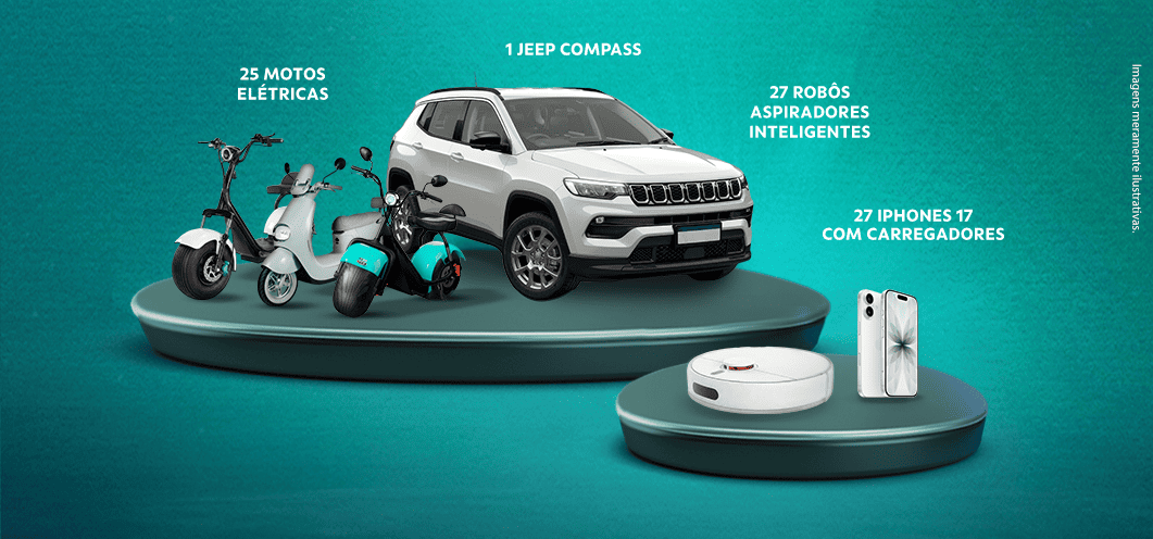 Imagem ilustrativa promocional com fundo verde mostrando prêmios: 23 motos elétricas, 1 Jeep Compass, 25 robôs aspiradores inteligente e 25 iPhones 17 com carregador.