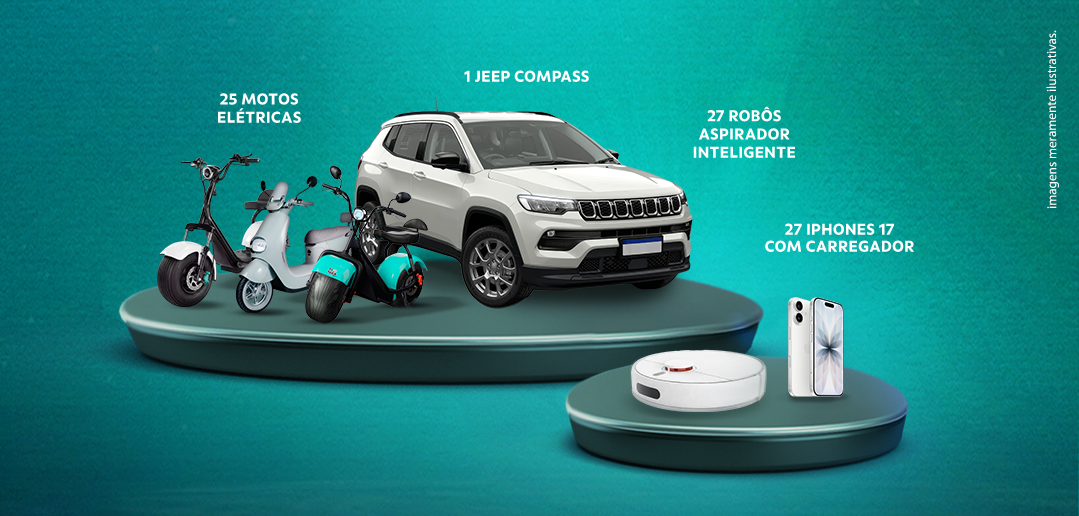 Imagem ilustrativa promocional com fundo verde mostrando prêmios: 23 motos elétricas, 1 Jeep Compass, 25 robôs aspirador inteligente e 25 iPhones 17 com carregador.